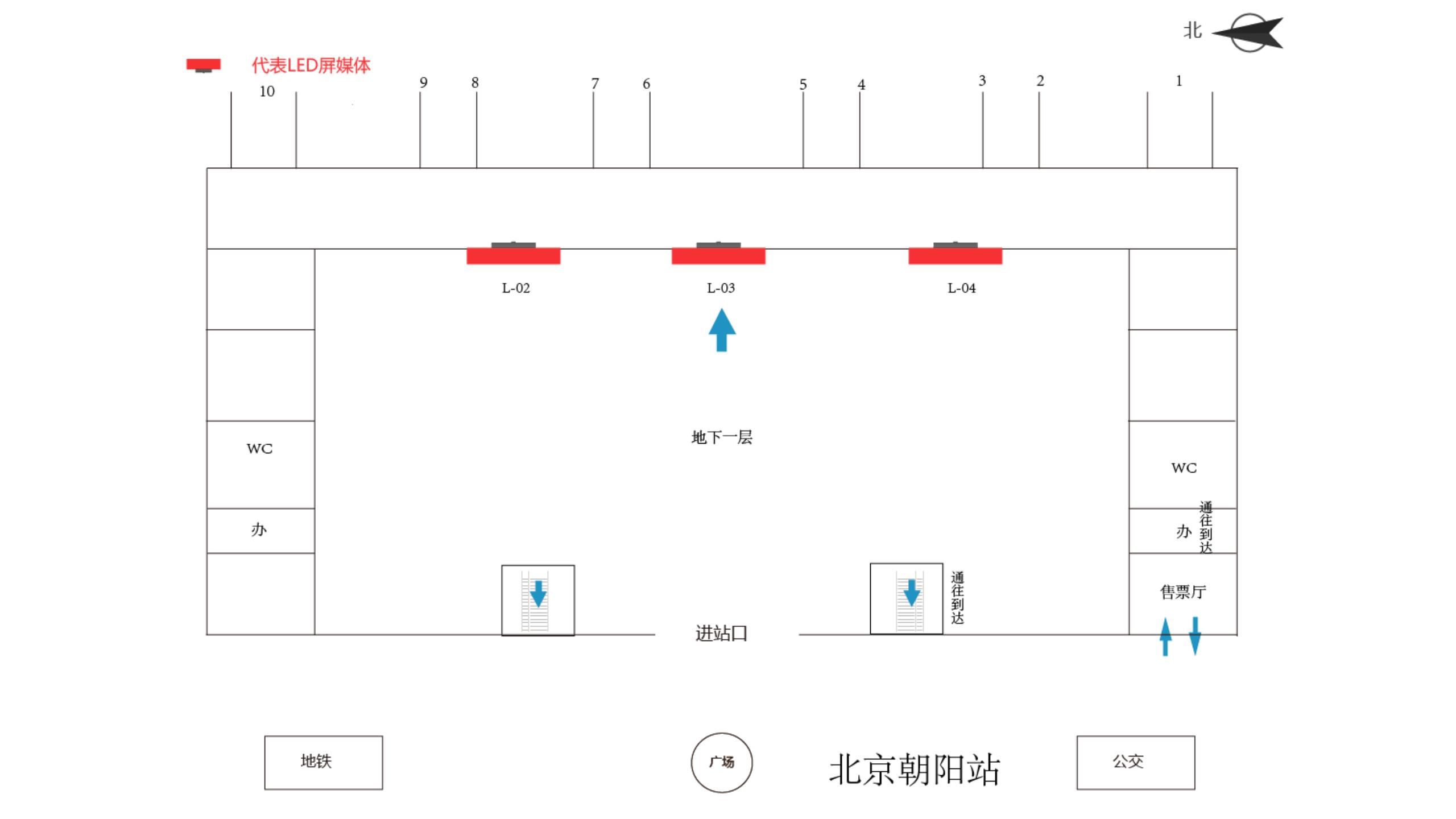 北京朝阳站广告-换乘层出站口LED大屏点位图