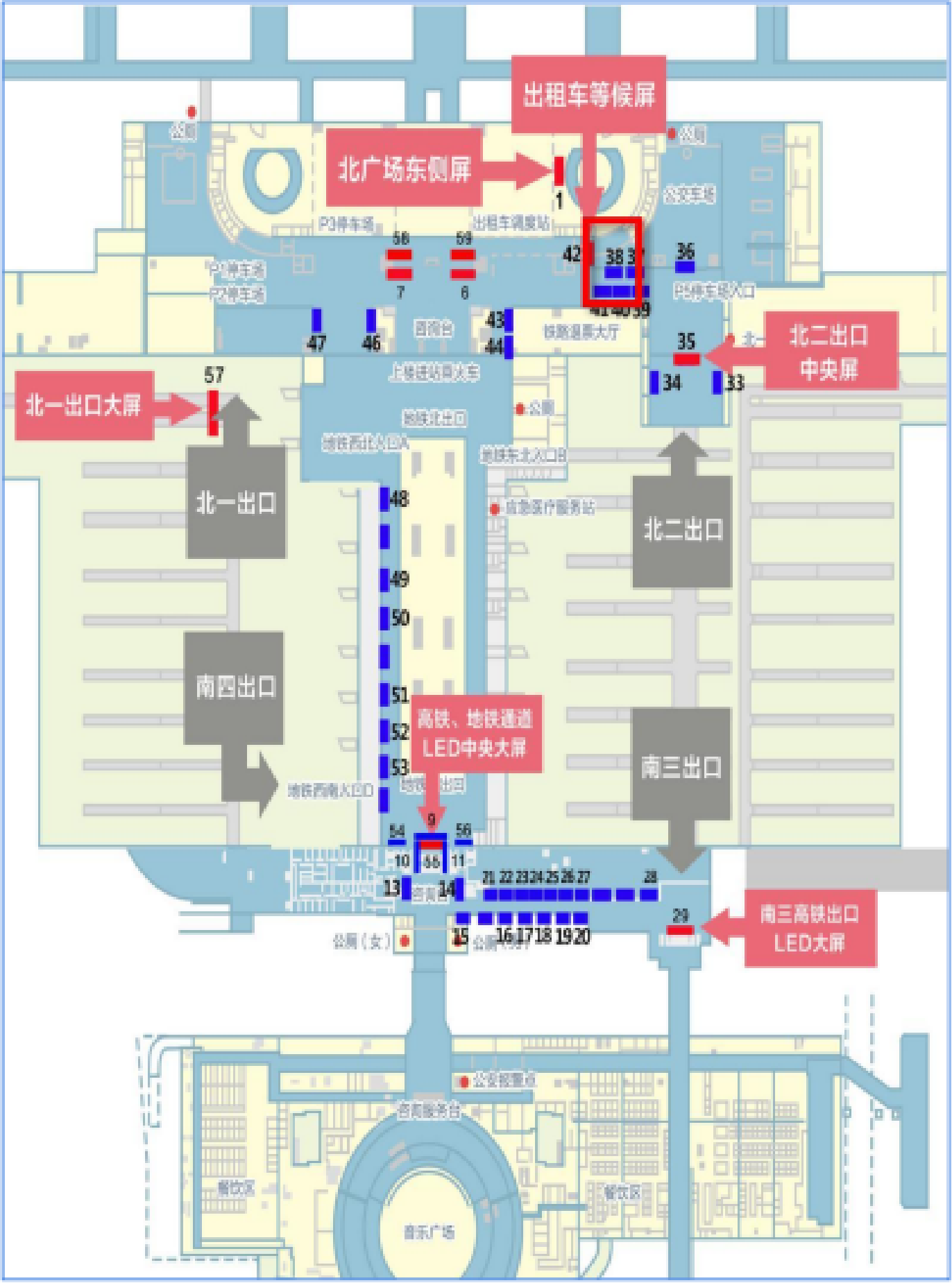 北京西站广告- 北二出站口通道灯箱38位置图