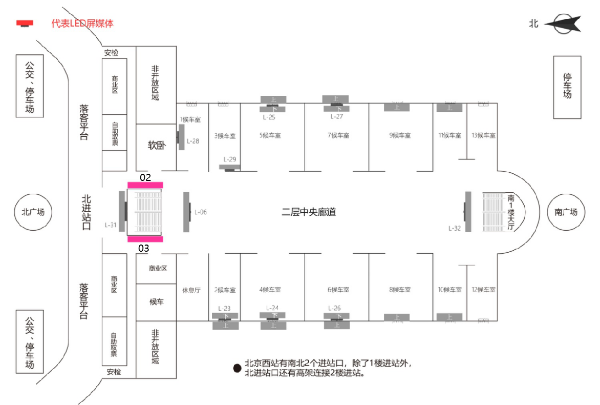 北京西站广告-北进站扶梯两侧LED大屏点位图