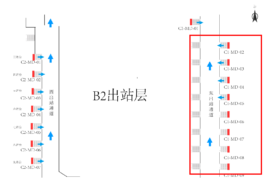 北京西站广告-东出站通道楣头灯箱套装位置图