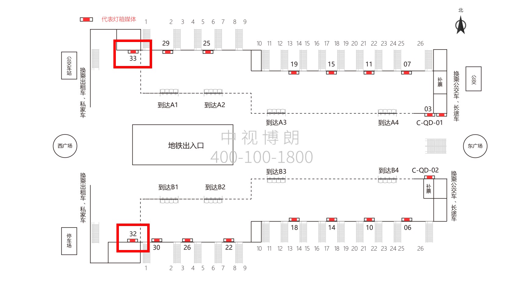 成都东站广告-出站西侧通道灯箱32-33位置图