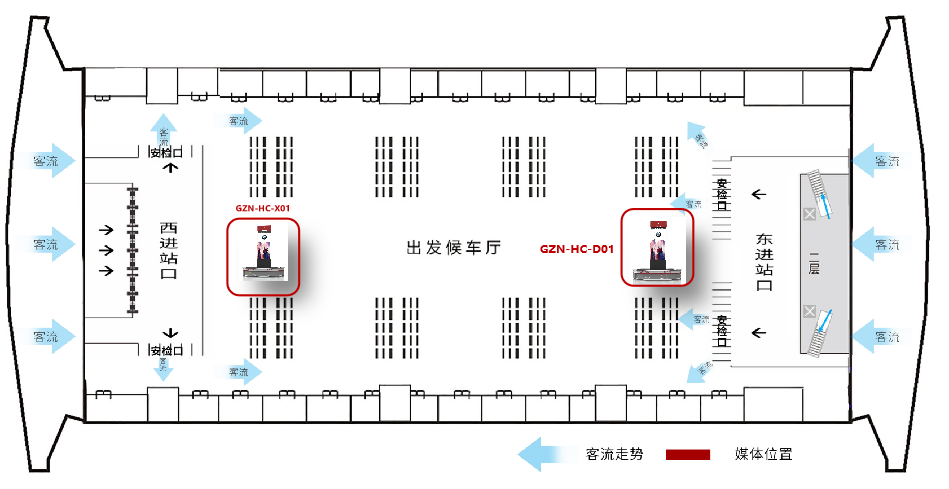 长沙南站广告-进站候车大厅东/西侧魔方柱套装位置图