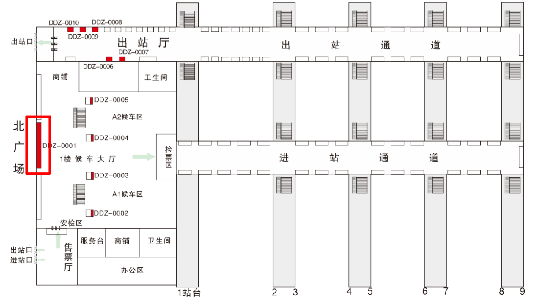 丹东站广告-候车厅横梁墙体灯箱点位图