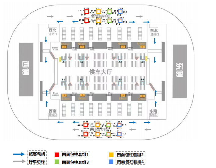 广州白云站广告-南北落客区平台包柱灯箱套装点位图