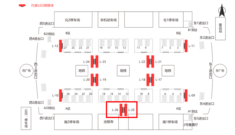 广州南站广告-进出站换乘候车区LED屏套装位置图