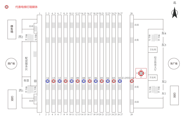 杭州东站广告-站台层灯箱位置图