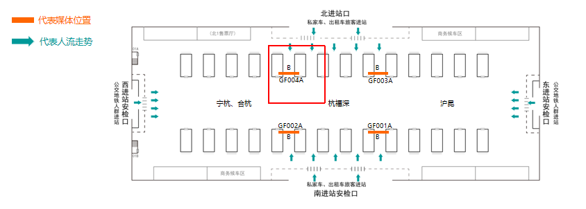 杭州东站广告-候车大厅双面吊杆灯箱点位图