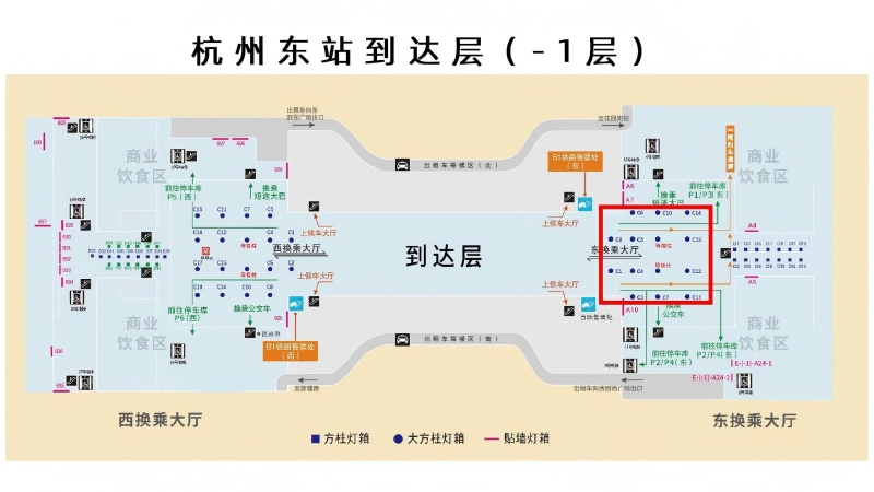 杭州东站广告-出站层东广场方柱灯箱位置图