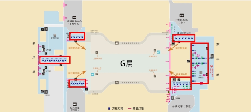 杭州东站广告-出站G层东西广场包柱灯箱位置图