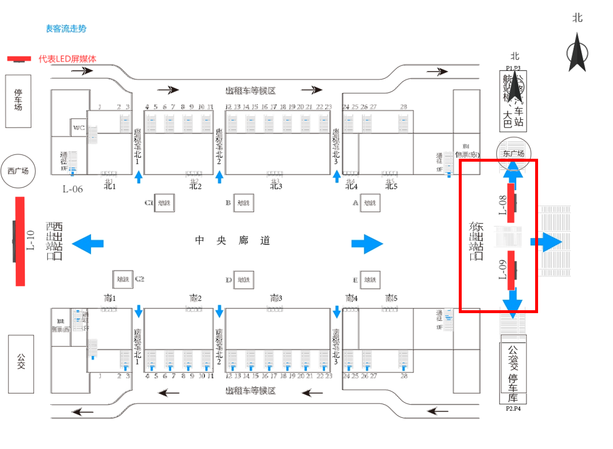 杭州东站广告-东出站口LED大屏套装位置图
