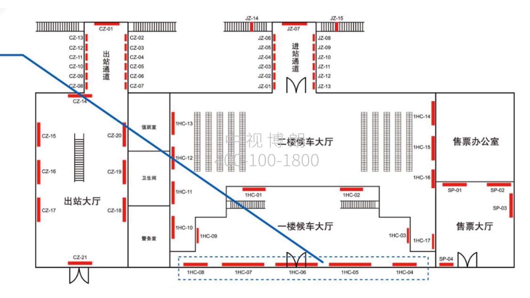 晋江站广告-候车大厅安检上方灯箱点位图