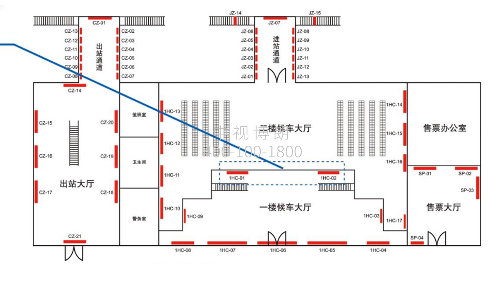 晋江站广告-候车大厅楼梯左右侧上方灯箱点位图