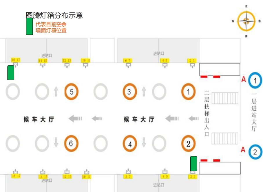 济南西站广告-进站候车厅扶梯上方灯箱点位图