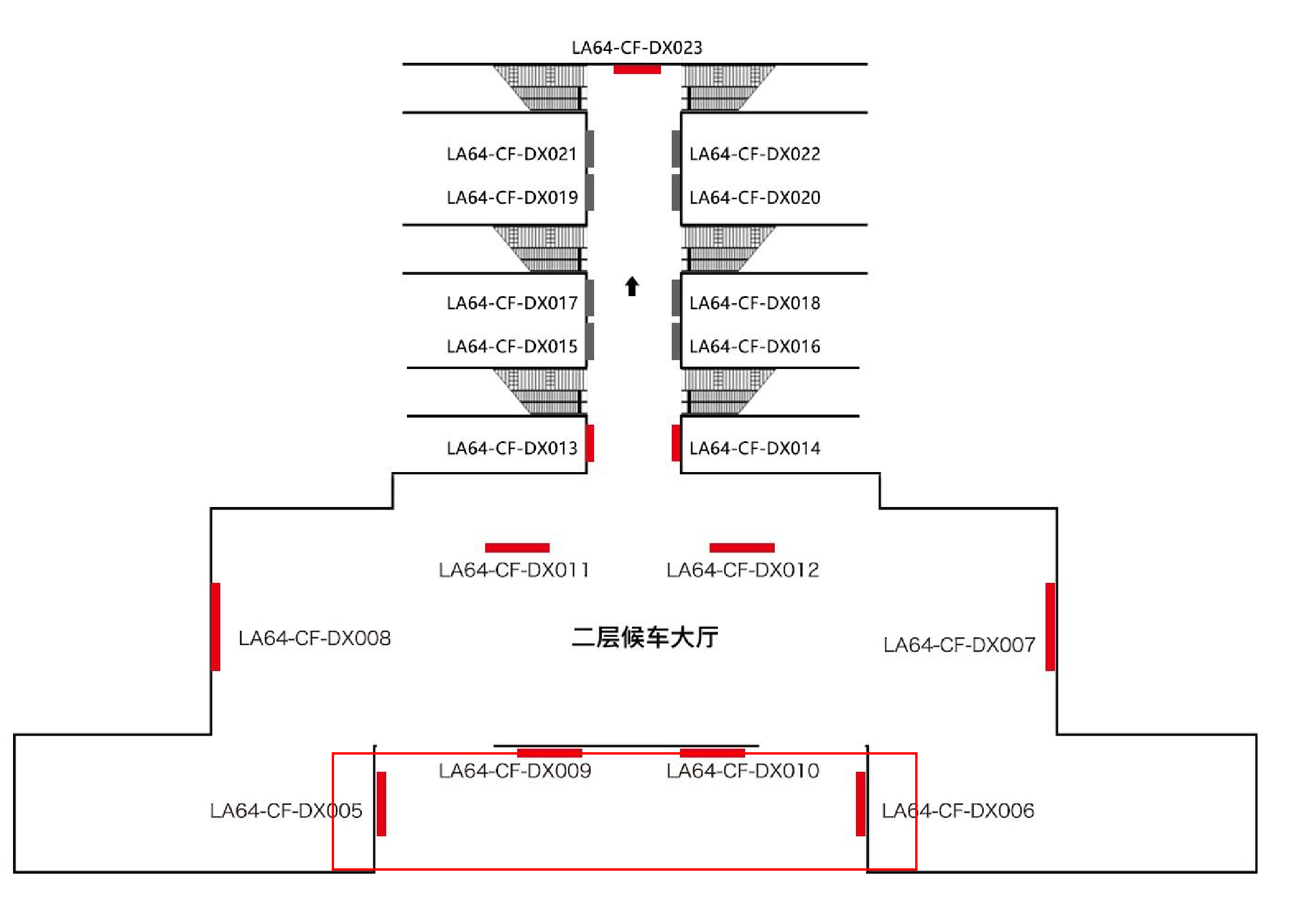 六安站广告-候车厅扶梯两侧墙面灯箱点位图