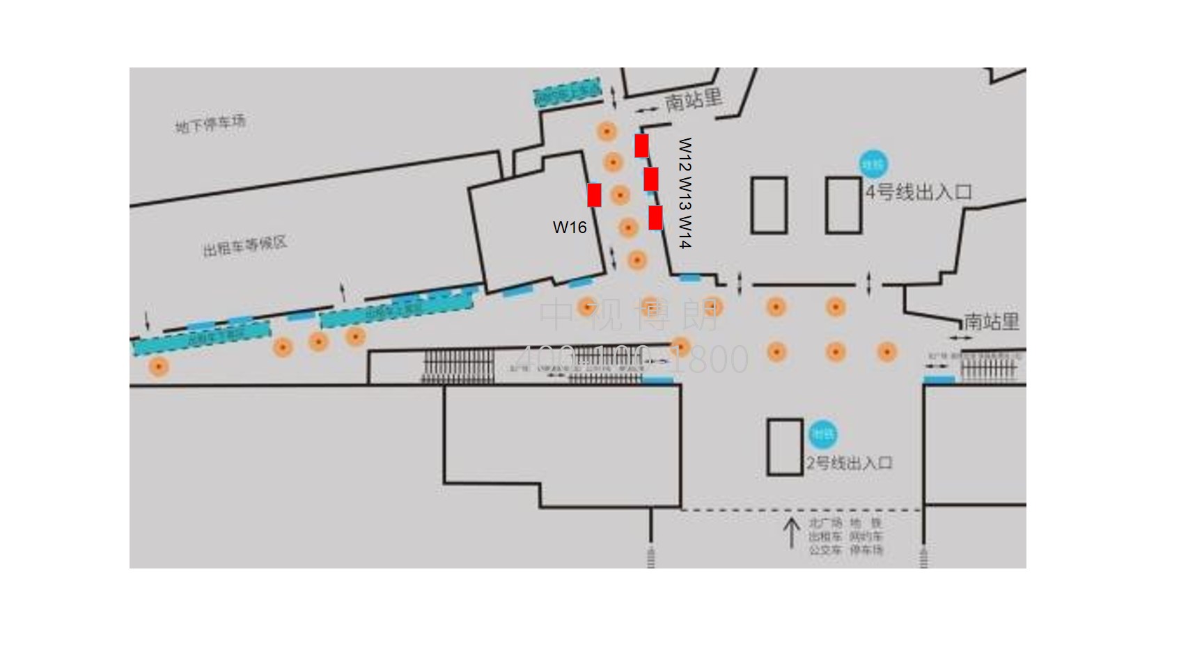 宁波站广告-北广场停车场通道灯箱位置图