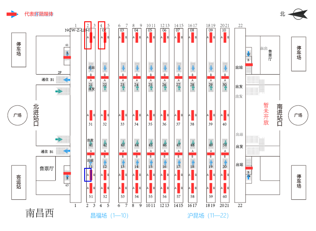 南昌西站广告-站台层立式灯箱套装位置图