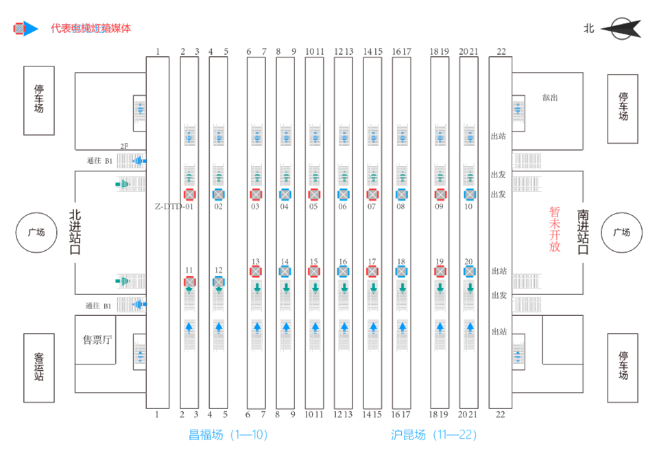 南昌西站广告-站台层东侧直梯灯箱套装位置图