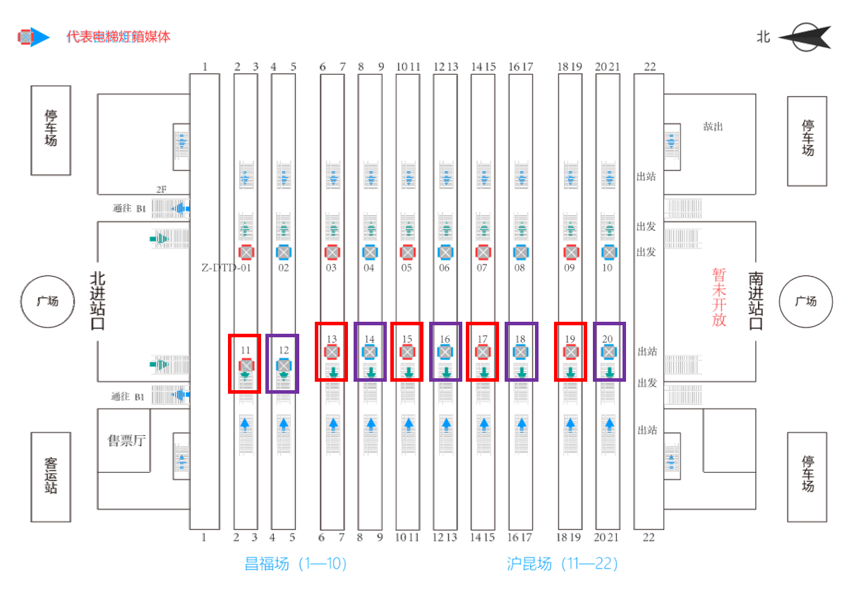 南昌西站广告-站台层西侧直梯灯箱套装位置图