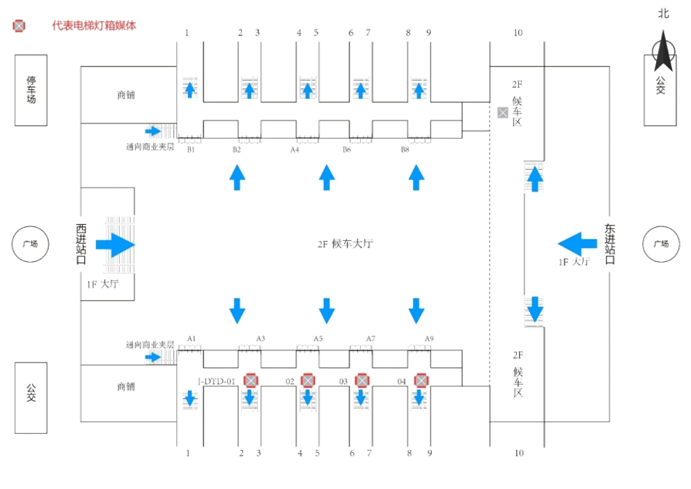 南昌站广告-进站候车层直梯灯箱套装点位图