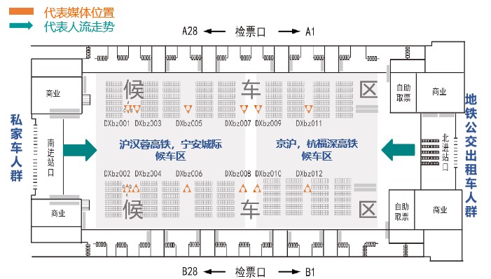 南京南站广告-候车厅三面包柱灯箱位置图