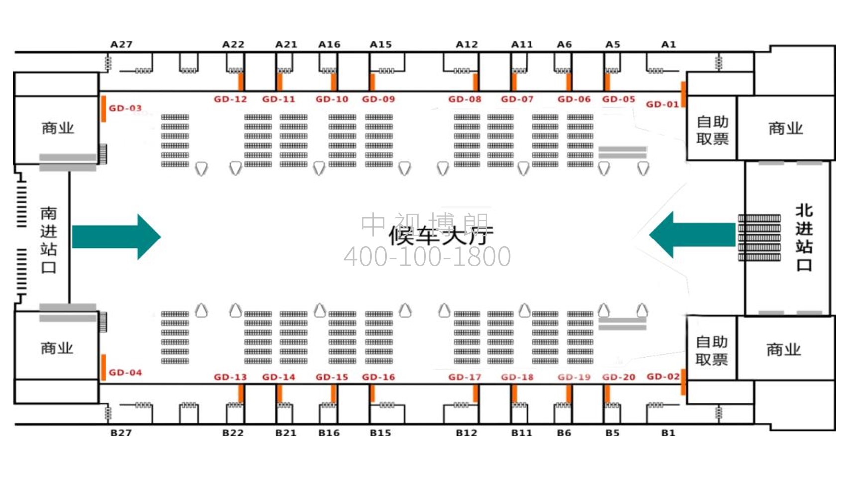 南京南站广告-东/西安检口灯箱套装点位图