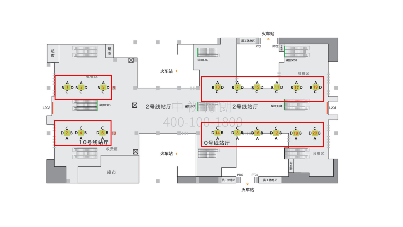 上海虹桥站广告-出站换乘大厅LED套装点位图