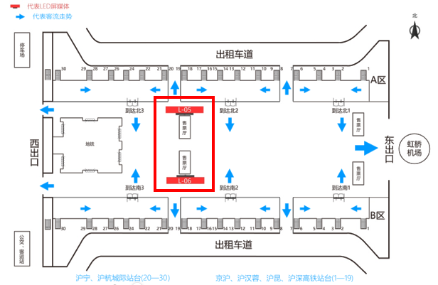 上海虹桥站广告-出站通道LED大屏套装位置图