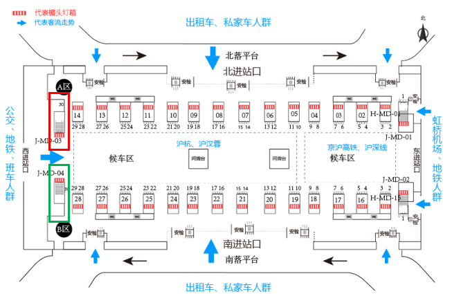 上海虹桥站广告-东西进出站通道楣头灯箱位置图