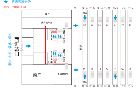 上海虹桥站广告-西进出站通道楣头灯箱套装位置图
