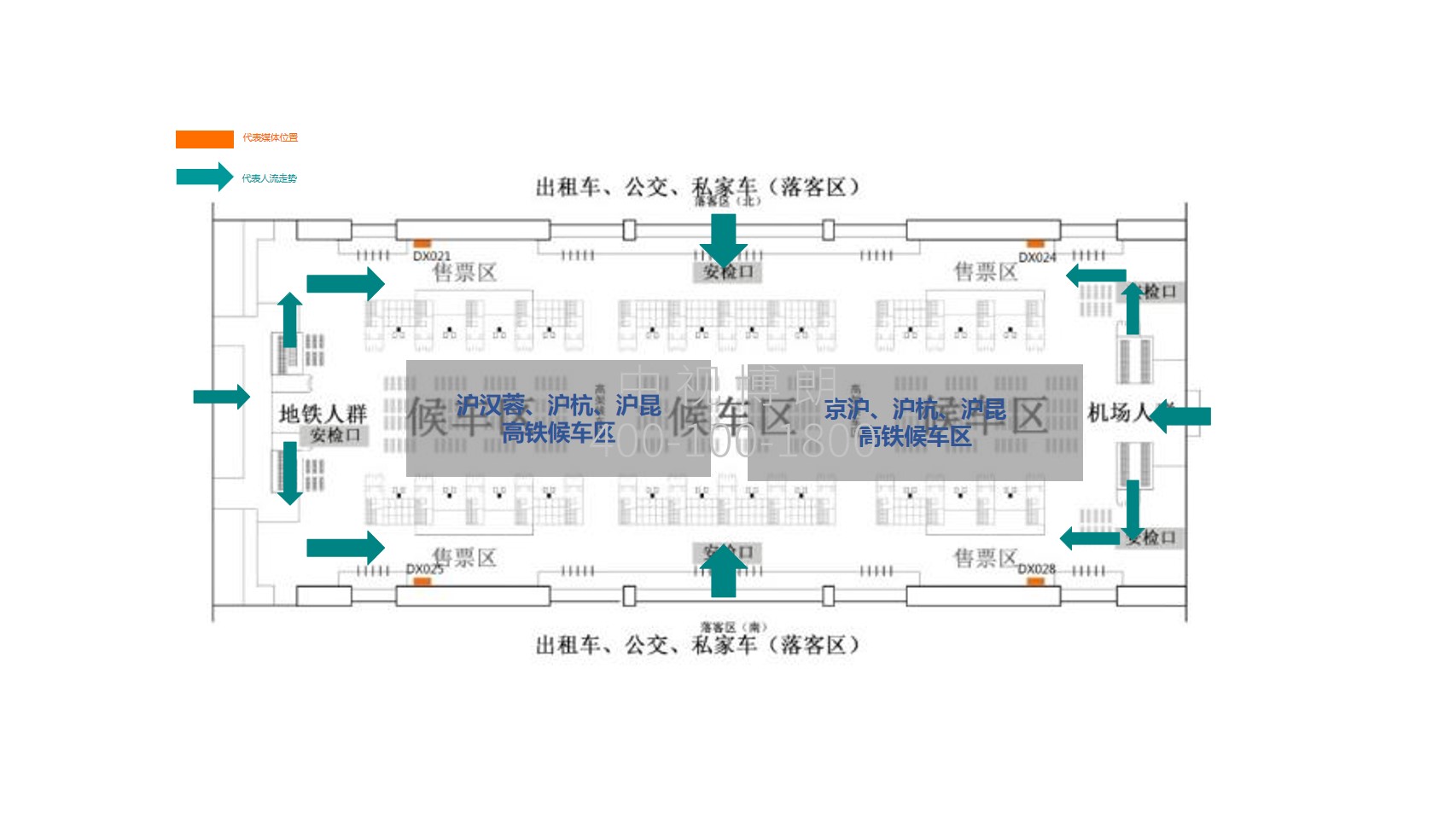 上海虹桥站广告-东西安检进站南北通道灯箱点位图