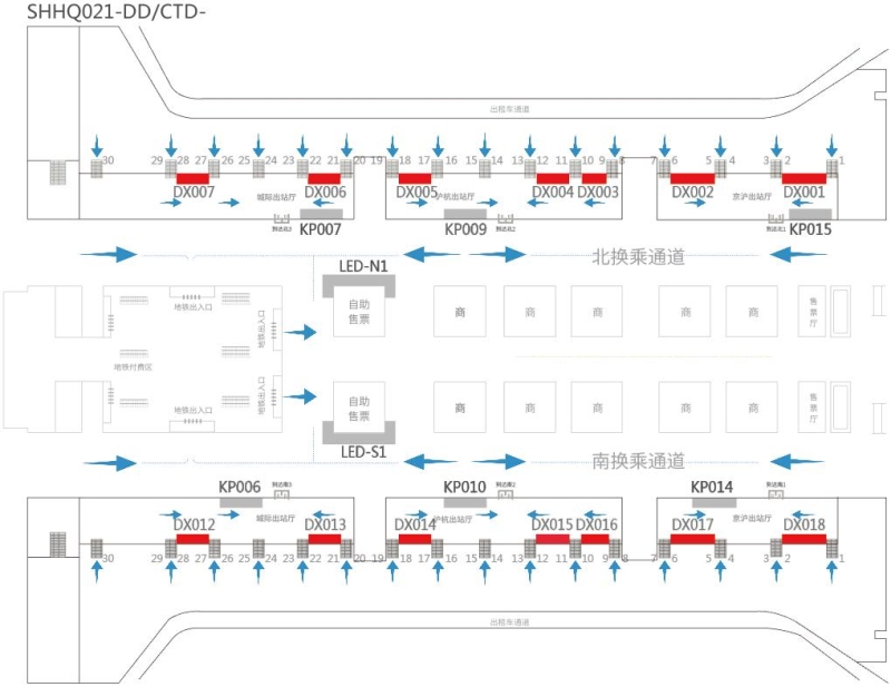 上海虹桥站广告-出站内通道墙面灯箱位置图