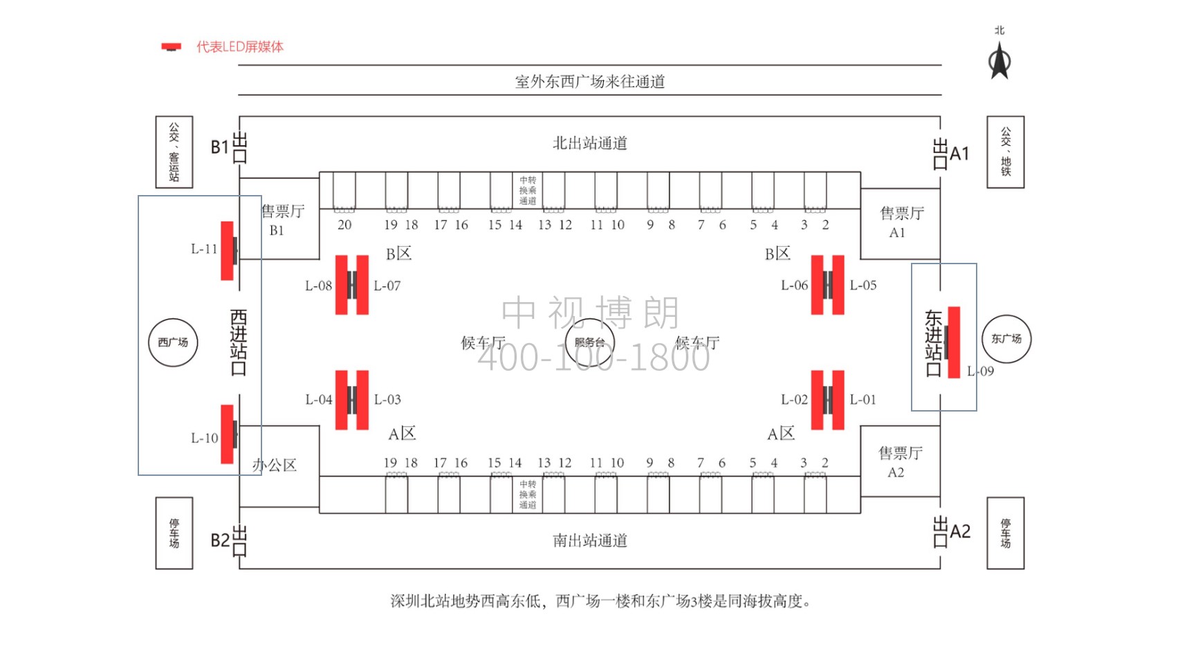 深圳北站广告-东西进站口LED大屏套装点位图
