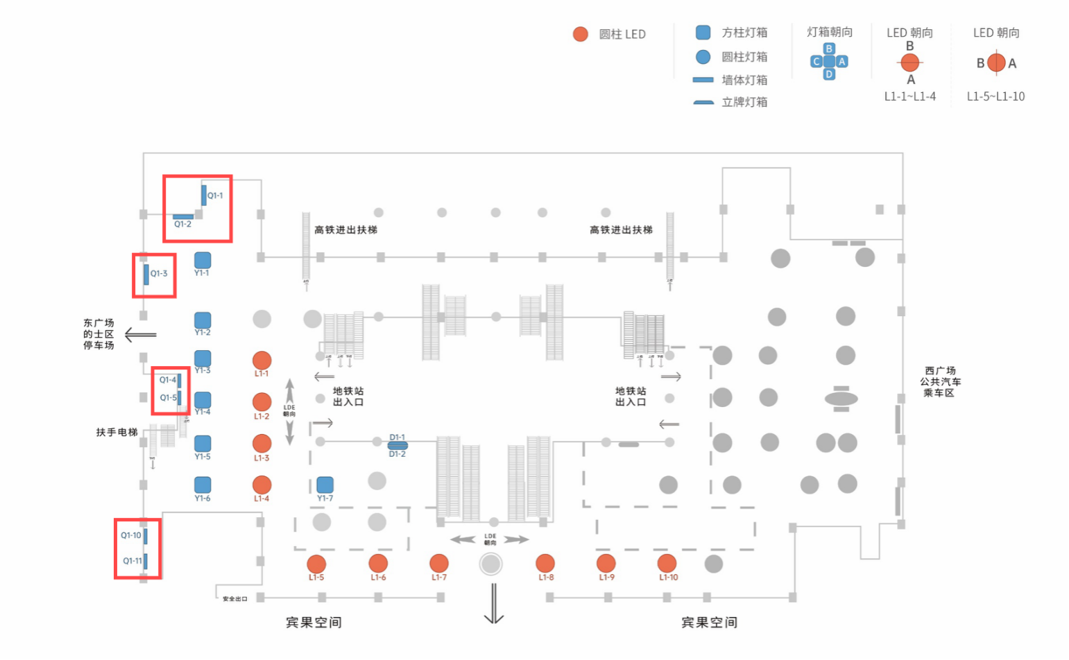 深圳北站广告-一层换乘厅墙体灯箱位置图