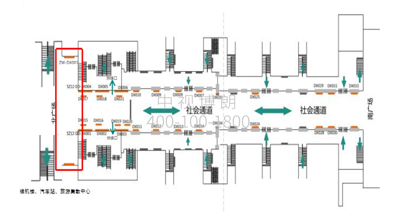 苏州站广告-到达层扶梯旁灯箱套装位置图