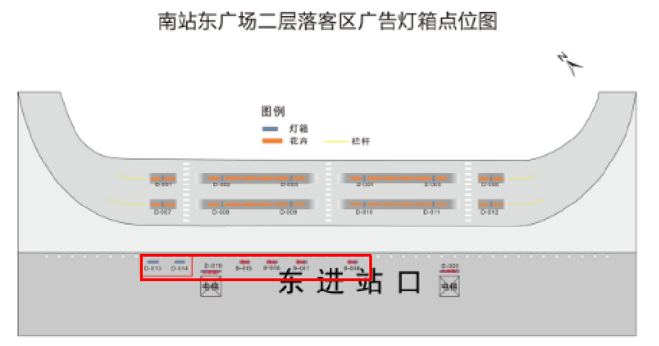 太原南站广告-东广场二楼进站口双面灯箱位置图