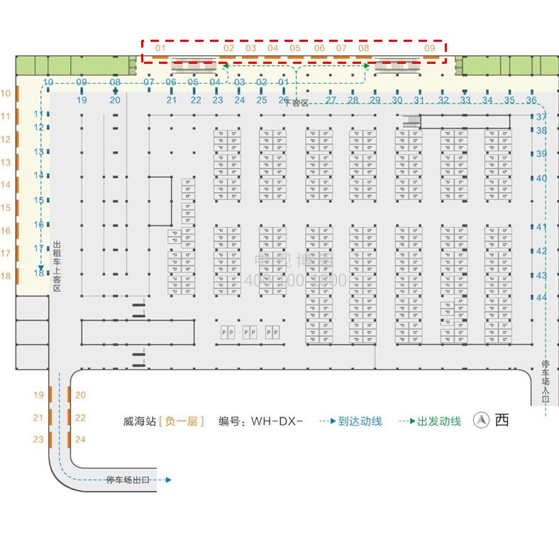 威海站广告-出租车下客区墙体灯箱位置图
