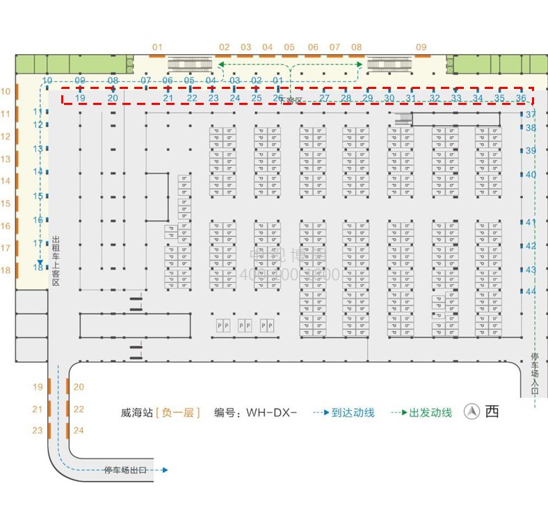 威海站广告-行车通道柱体灯箱套装位置图