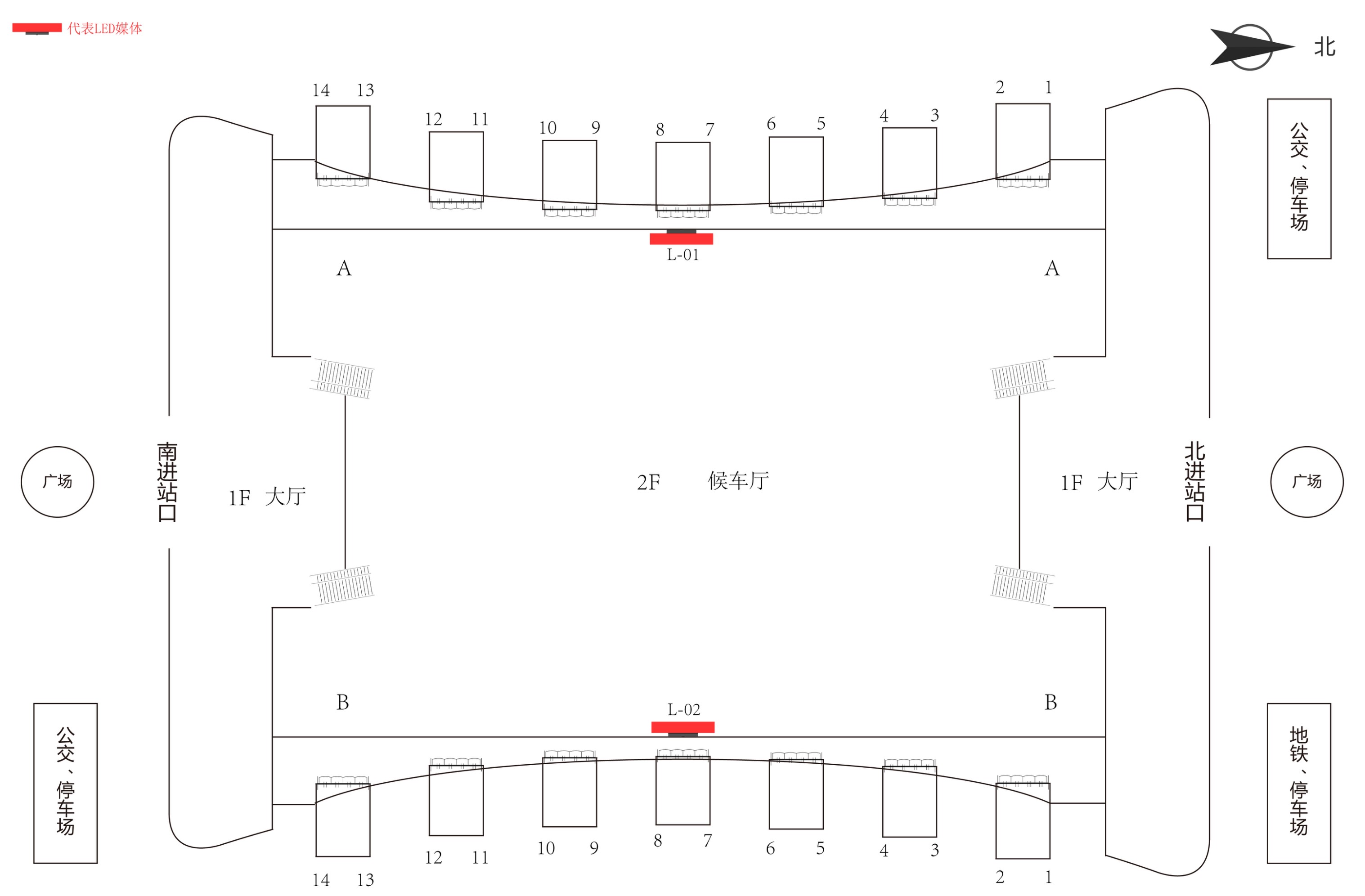 潍坊北站广告-进站候车厅中央LED大屏套装点位图