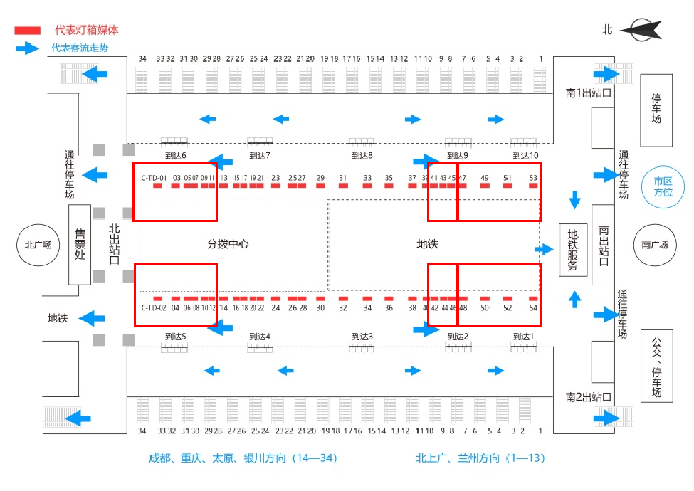 西安北站广告-出站通道图腾灯箱套装位置图