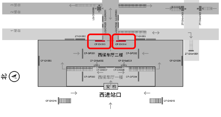 徐州东站广告-西站房候车厅显示屏两侧灯箱点位图