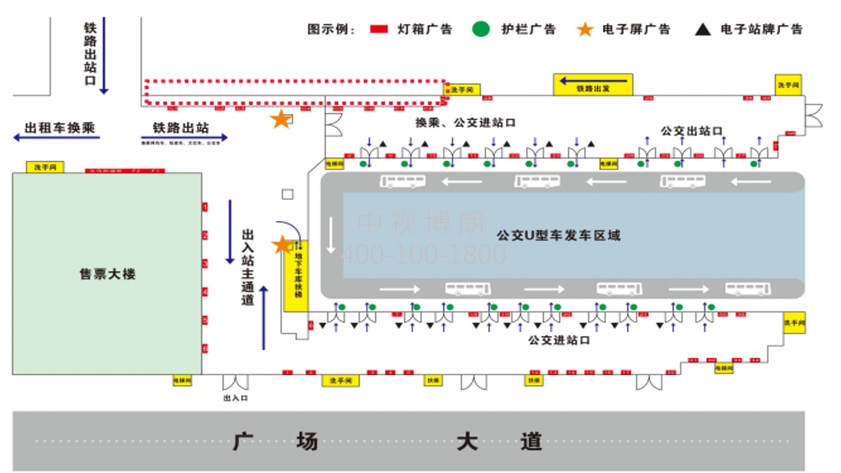 义乌站广告-出站隔离墙灯箱位置图