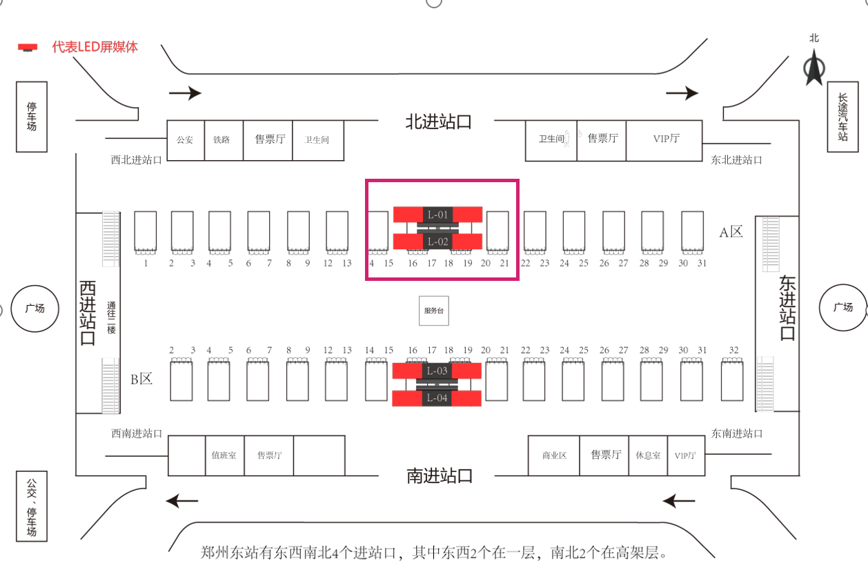 郑州东站广告-候车厅北侧LED屏套装位置图