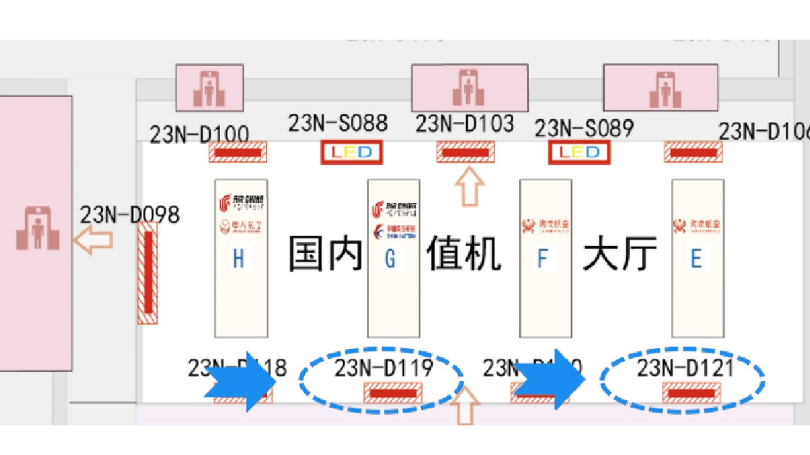 北京首都机场广告-T2国内出发值机厅灯箱6位置图