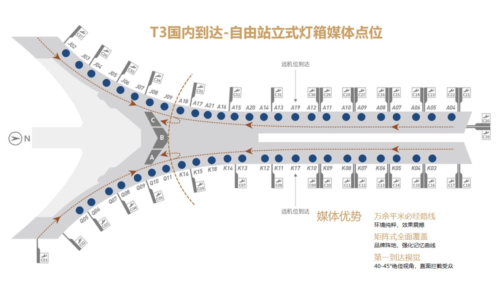 北京首都机场广告-T3国内到达通廊站立式灯箱位置图