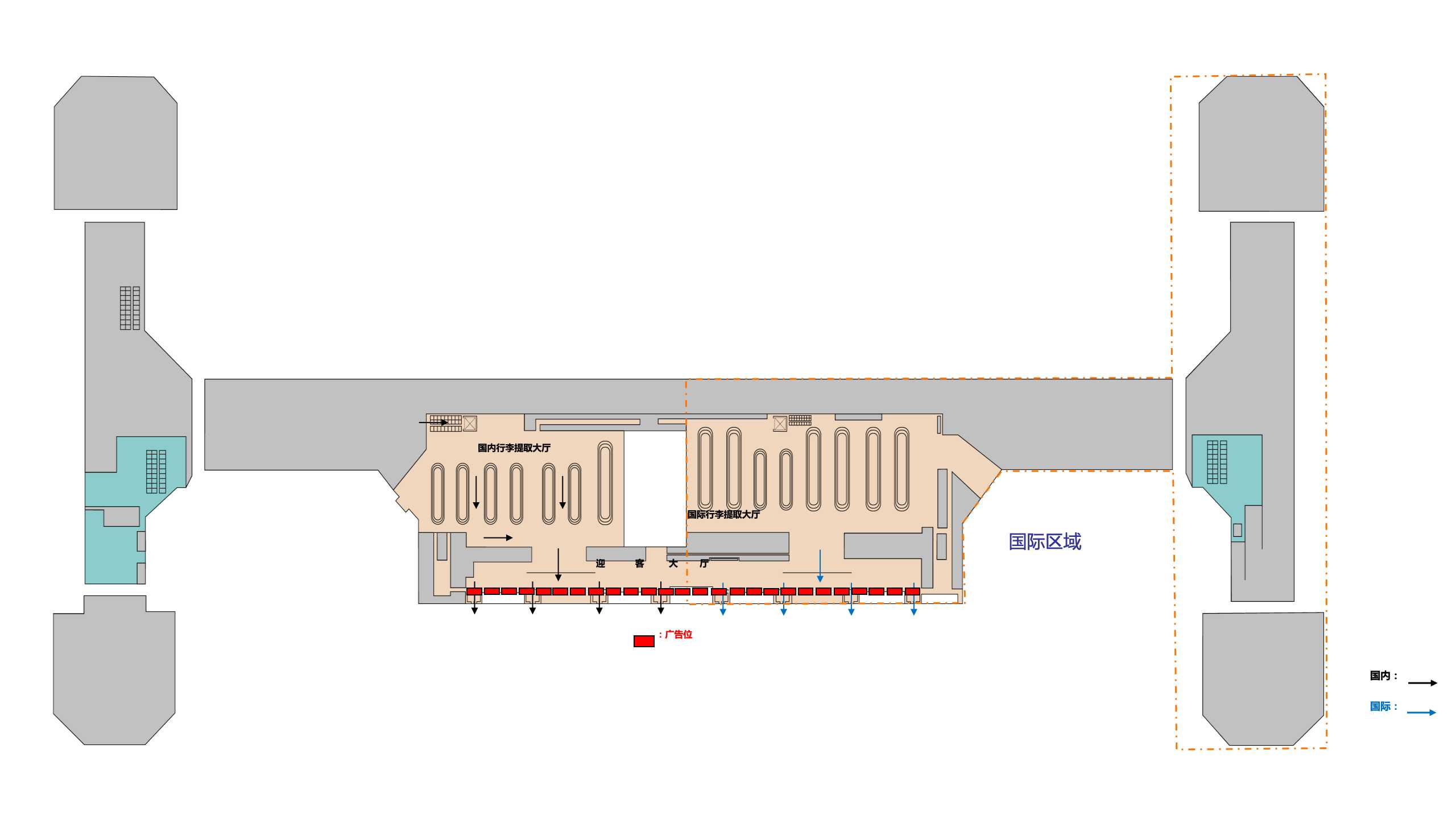 北京首都机场广告-T2国内国际到达迎客厅看板位置图