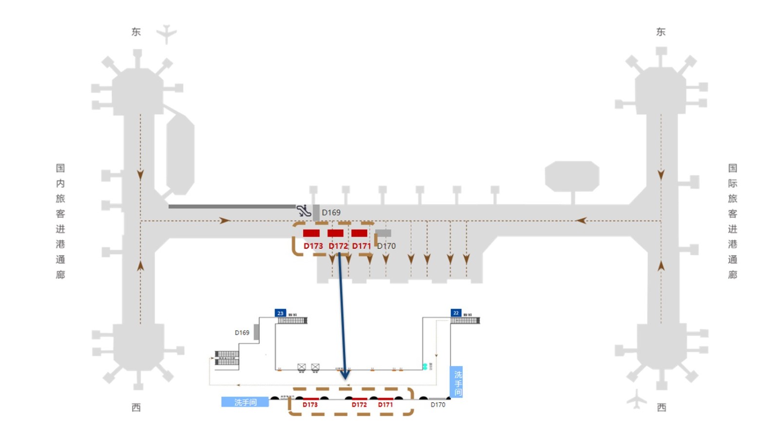 北京首都机场广告-T2国内到达通廊D171-173位置图