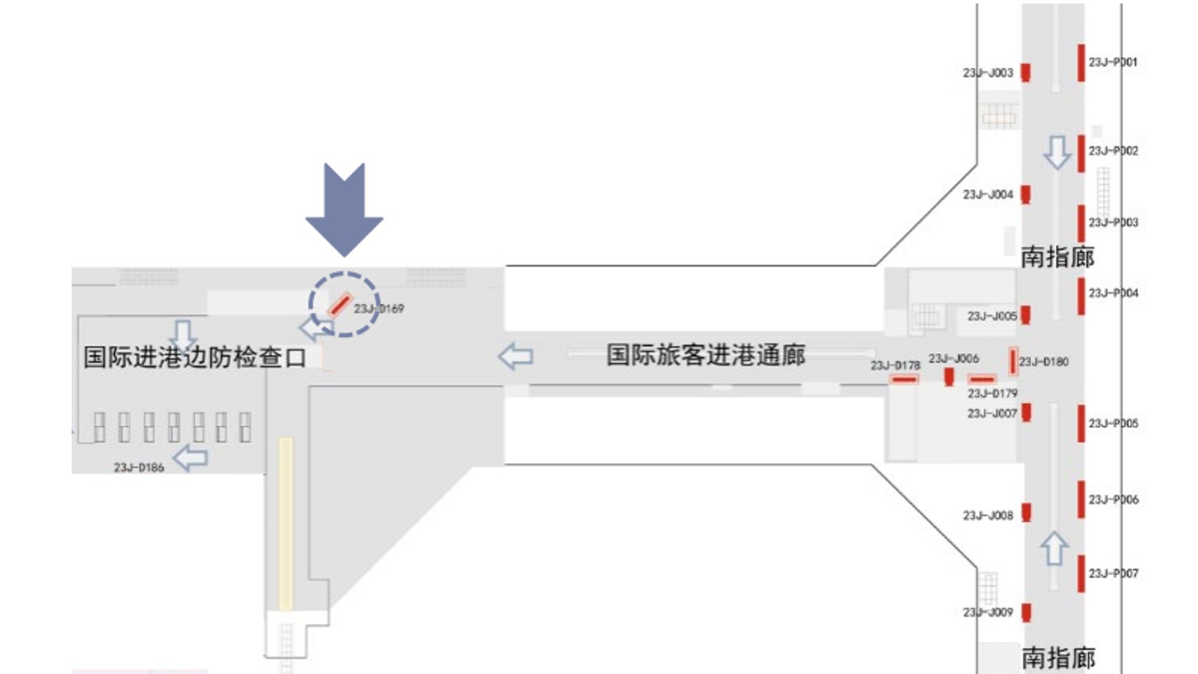 北京首都机场广告-T2国际到达通廊灯箱1位置图
