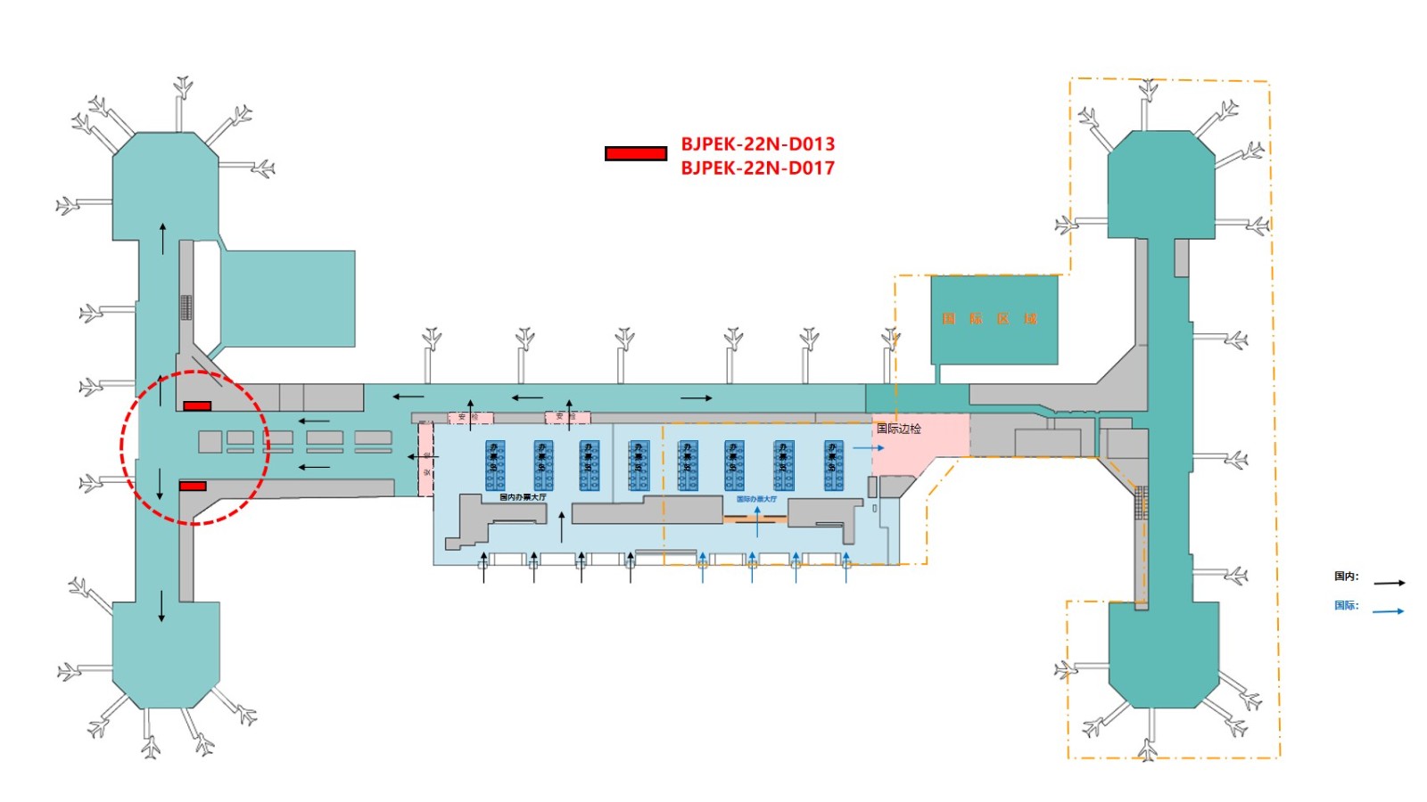 首都机场广告-T2国内出发通廊墙面灯箱套装点位图