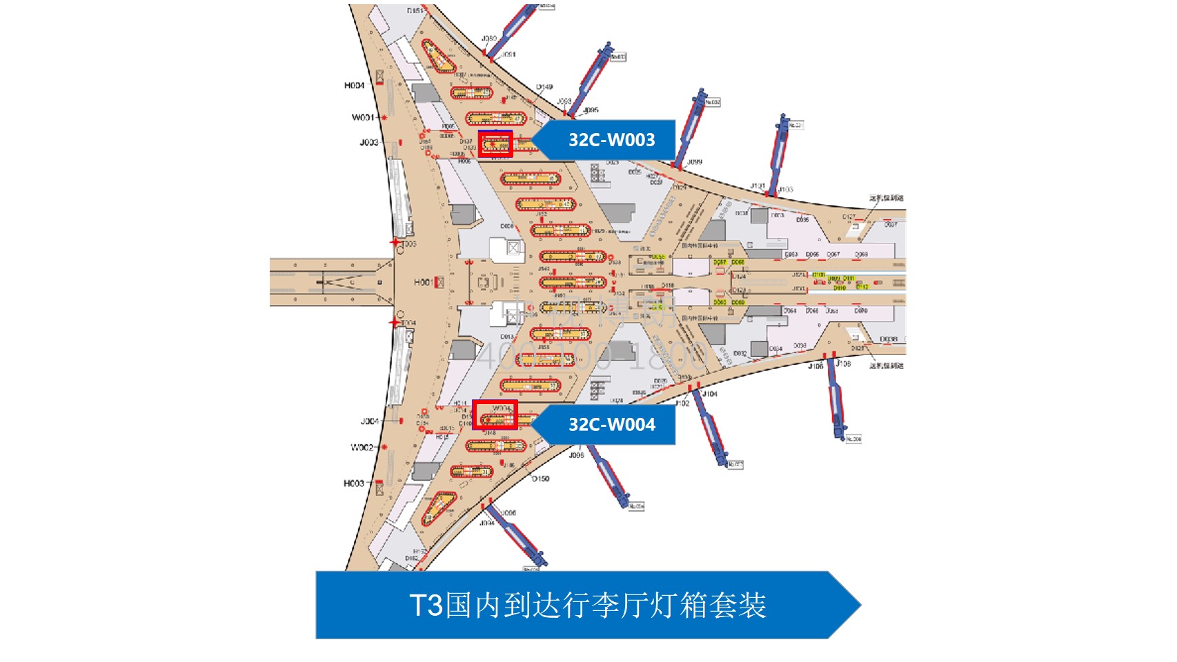 北京首都机场广告-T3到达行李厅双面灯箱套装位置图