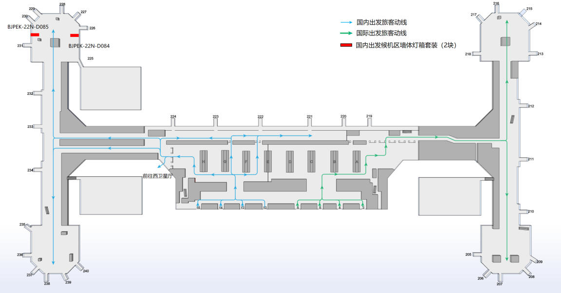 北京首都机场广告-T2国内出发候机区灯箱套装位置图